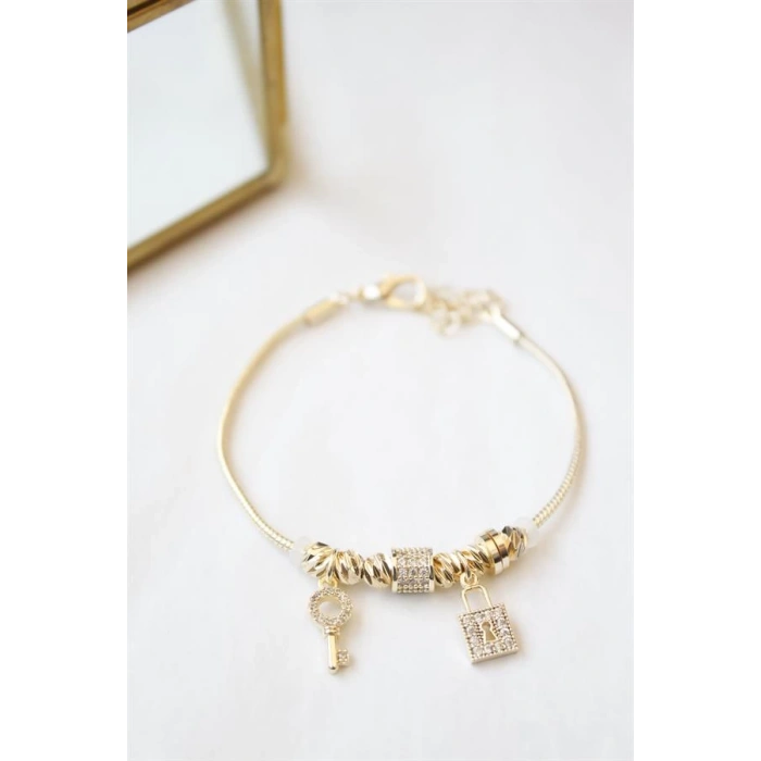Kilit Anahtar Charmlı  Bileklik - Altın