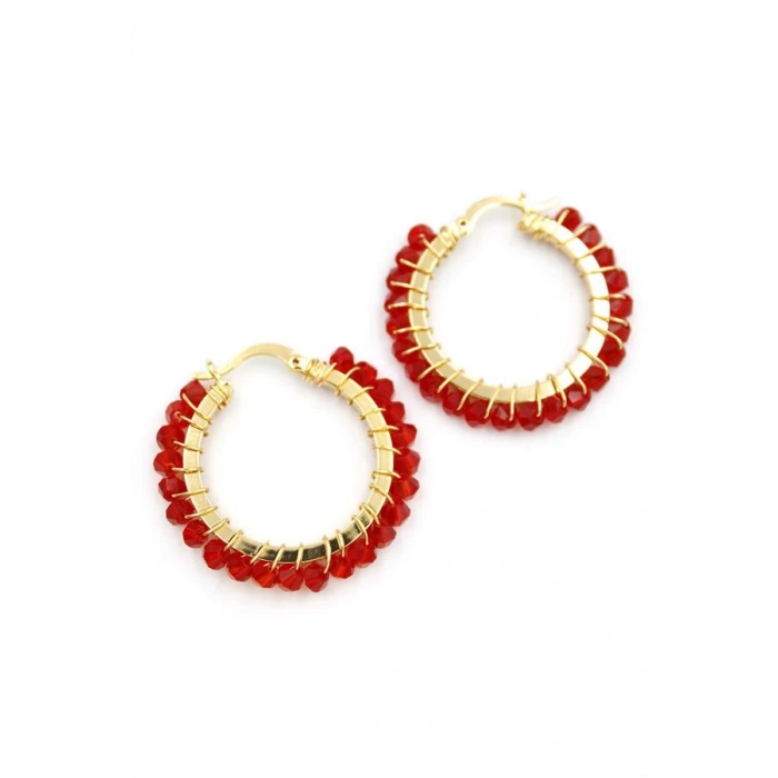 Kristal Boncuk Halka Küpe - Kırmızı