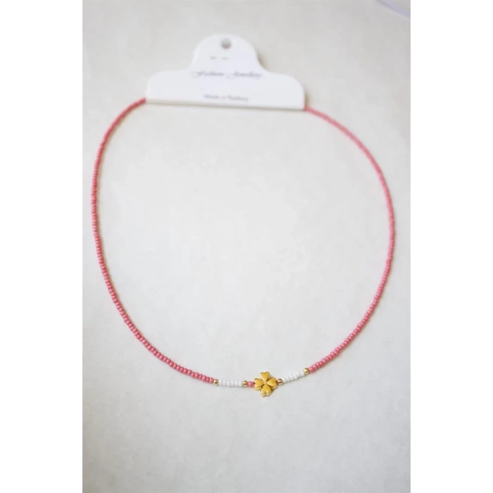 Kum Boncuklu Yonca Kolye - Nar Çiçeği