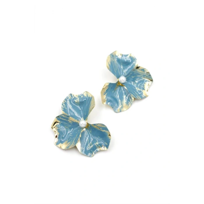 Metal Çiçek Küpe - Mavi