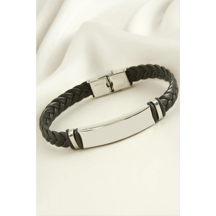 Örgülü İsim Yazılabilir Deri Çelik Bileklik