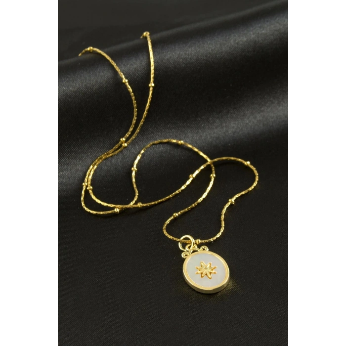 Oval Yıldız Sedef Lüks Çelik Kolye