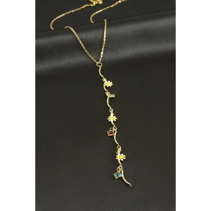 Papatya Dikdörtgen Çelik Y Kolye