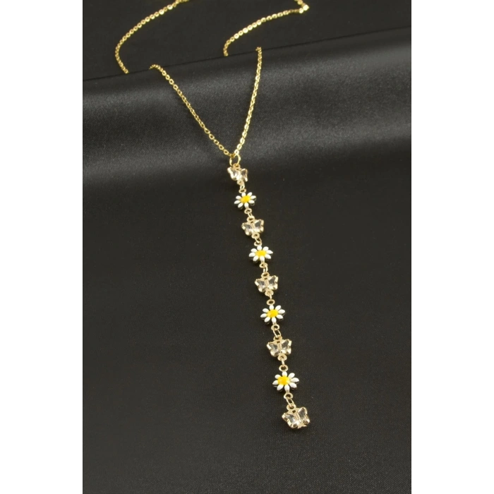 Papatya Kelebek Zirkon Taşlı Çelik Y Kolye