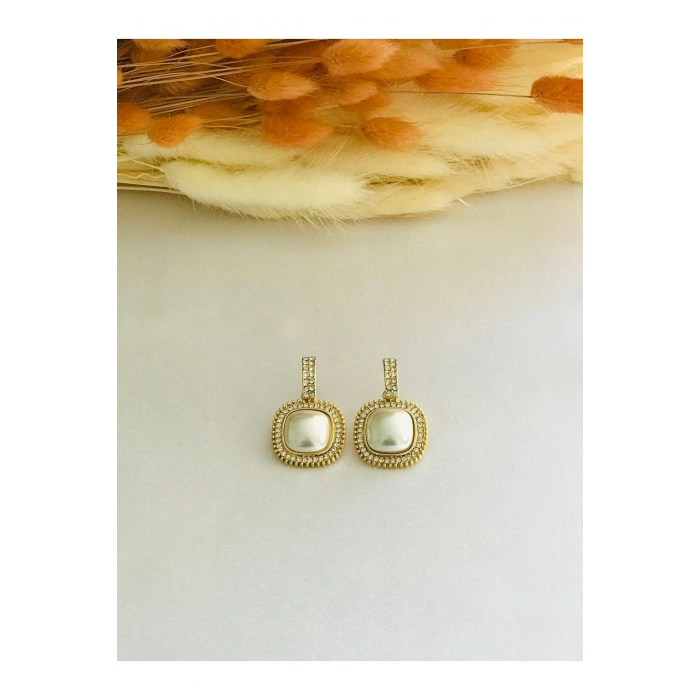 Taşlı Inci Küpe Altın Gold Renk