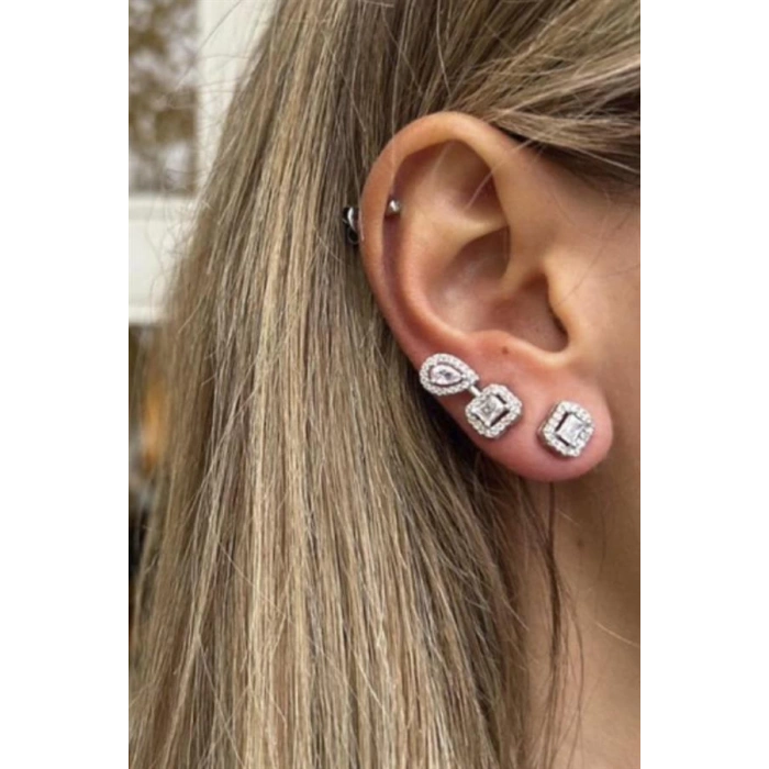 Taşlı Kıkırdaklı Küpe - Gümüş