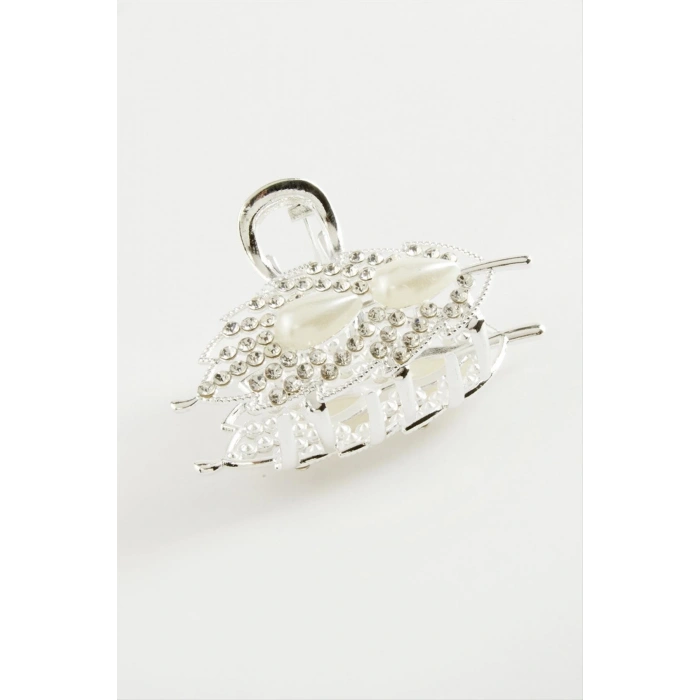 Yaprak İnci Taşlı Metal Mandal Toka 4,5 cm