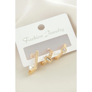 3 Adet Dikdörtgen İnci Zirkon Taşlı Küpe