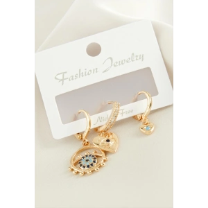 3 Adet Kalp Nazar Zirkon Taşlı Küpe