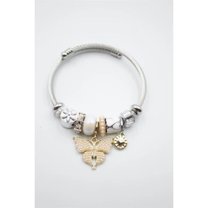 Çelik Charmlı Kelebek Bileklik - Beyaz