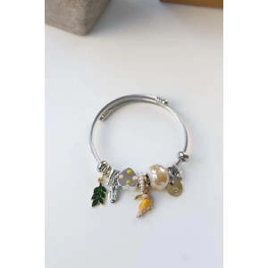 Çelik Charmlı Kuşlu Bileklik - Kahverengi