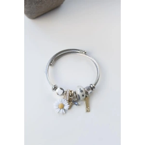 Çelik Charmlı Papatya Bileklik - Beyaz