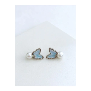 İncili Mavi Kelebek Küpe Minimal