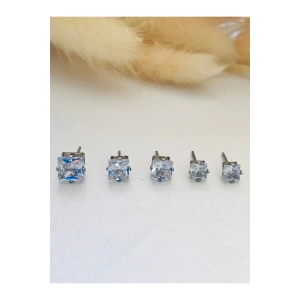 Kadın Erkek Zirkon Taşlı 5 Boy 1 Çift Çelik Küpe Gümüş Renk