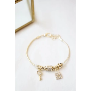Kilit Anahtar Charmlı  Bileklik - Altın