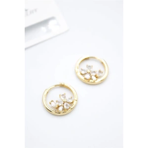 Taşlı Çiçek Küpe - Altın