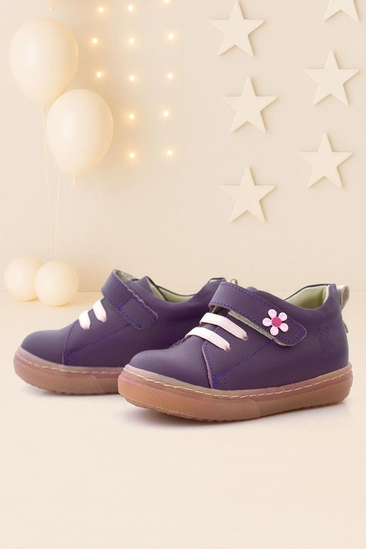 Anatomik Hakiki Deri Yumuşak Mor Çiçekli Cırtlı Kız Çocuk Ayakkabı