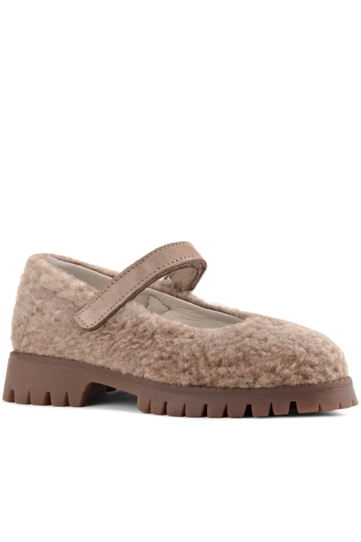 Bej Cırtlı Kalın Tabanlı Kız Çocuk Pofuduk Peluş Babet Ayakkabısı