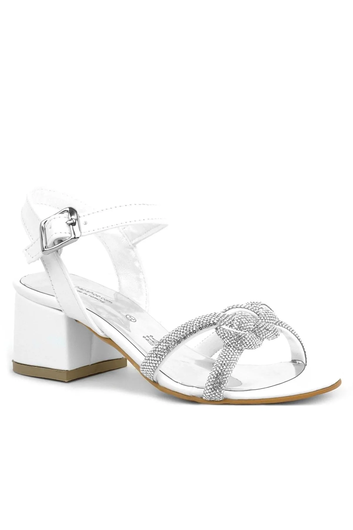 Beyaz Örgü Taşlı Kız Çocuk Abiye Kalın Topuklu Ayakkabı