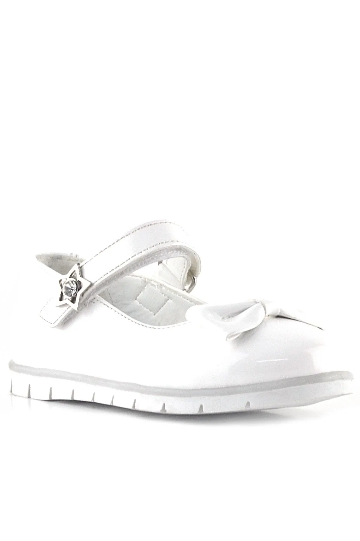 Beyaz Rugan Fiyonklu Yıldız Detaylı Cırtlı Kız Çocuk Babet