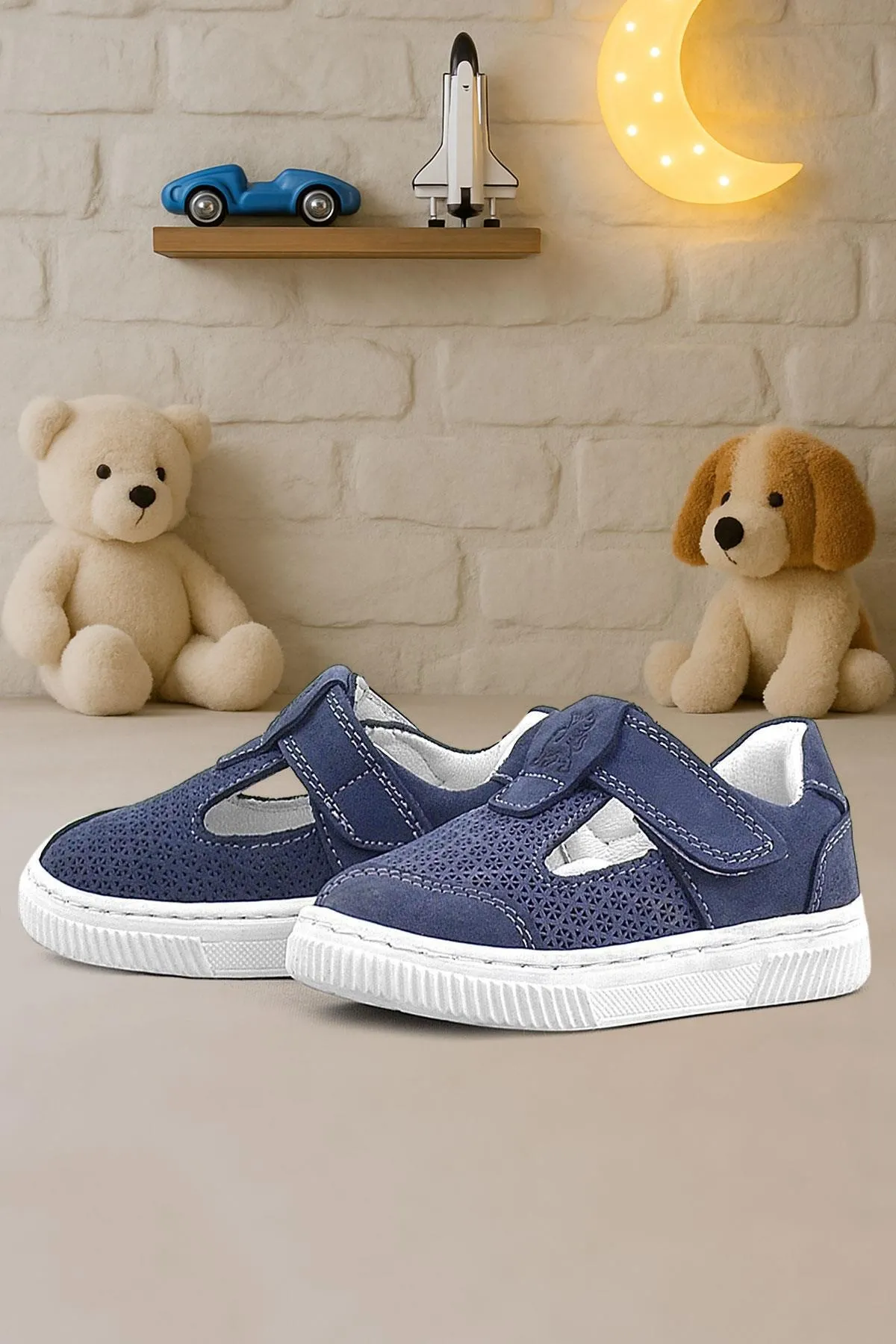 Bheem Hakiki Deri Lacivert Nubuk Cırtlı Bebek Sneaker Sandalet