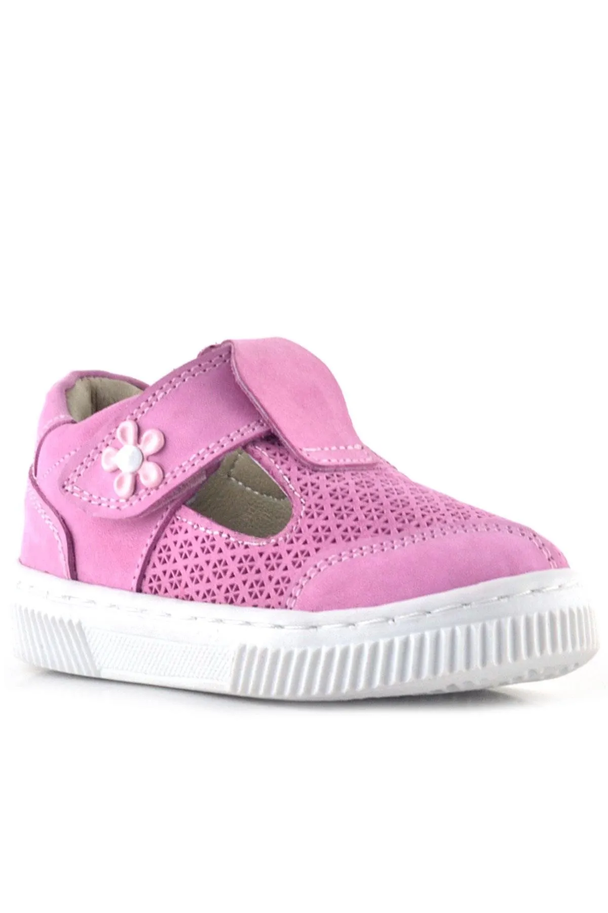 Bheem Hakiki Deri Pembe Cırtlı Çiçek Detaylı Bebek Sandalet