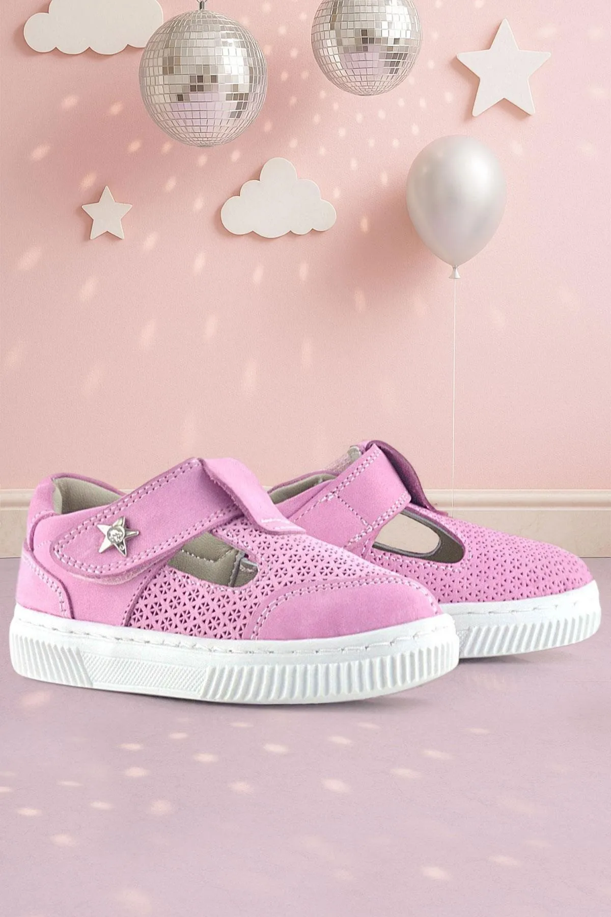 Bheem Hakiki Deri Pembe Cırtlı Yıldız Detaylı Bebek Sandalet