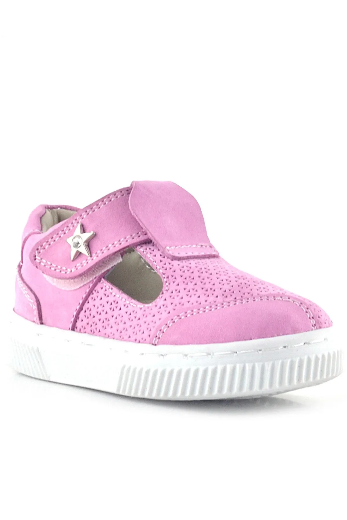 Bheem Hakiki Deri Pembe Cırtlı Yıldız Detaylı Bebek Sandalet