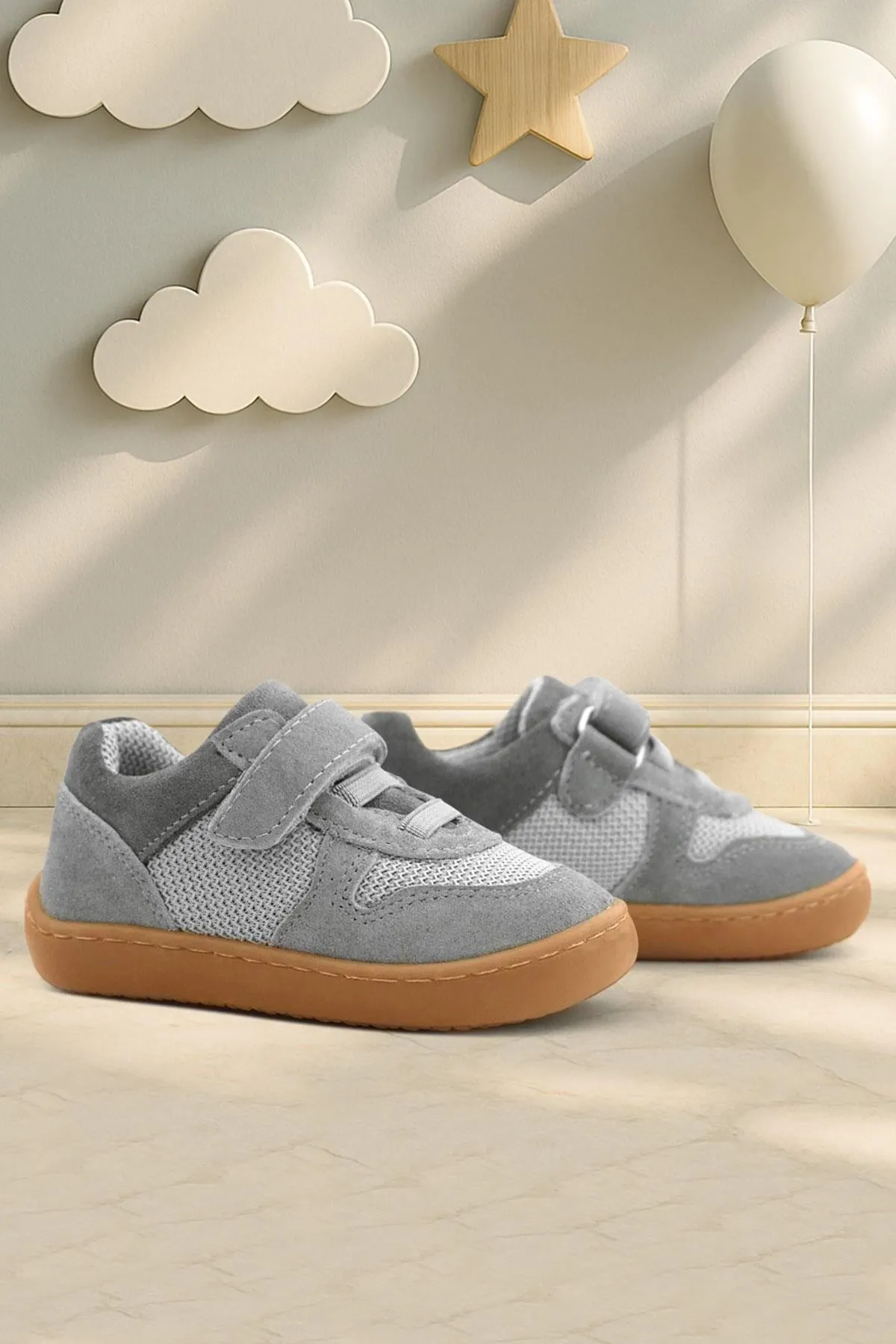 Bob Hakiki Deri Gri Barefoot Cırtlı Lastikli Bebek Sneaker Ayakkabı
