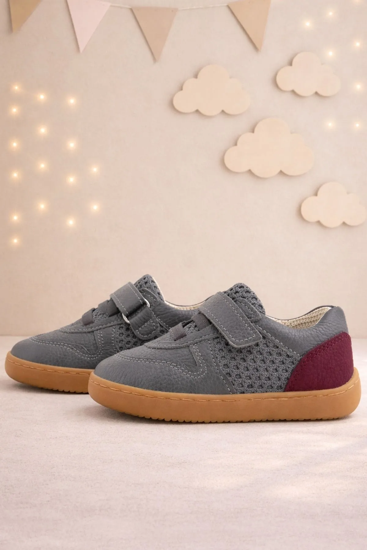 Bob Hakiki Deri Gri Bordo Barefoot Cırtlı Lastikli Bebek Sneaker Ayakkabı