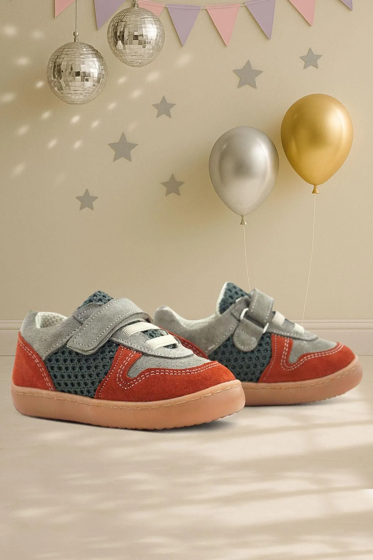 Bob Hakiki Deri Gri Yeşil Barefoot Cırtlı Lastikli Bebek Sneaker Ayakkabı