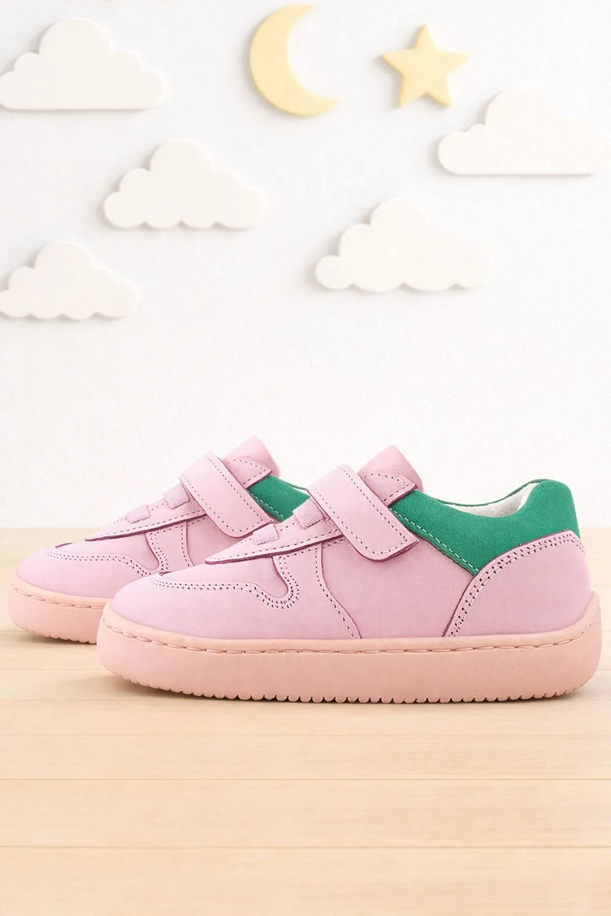 Bob Hakiki Deri Pembe Yeşil Barefoot Cırtlı Lastikli Bebek Sneaker Ayakkabı
