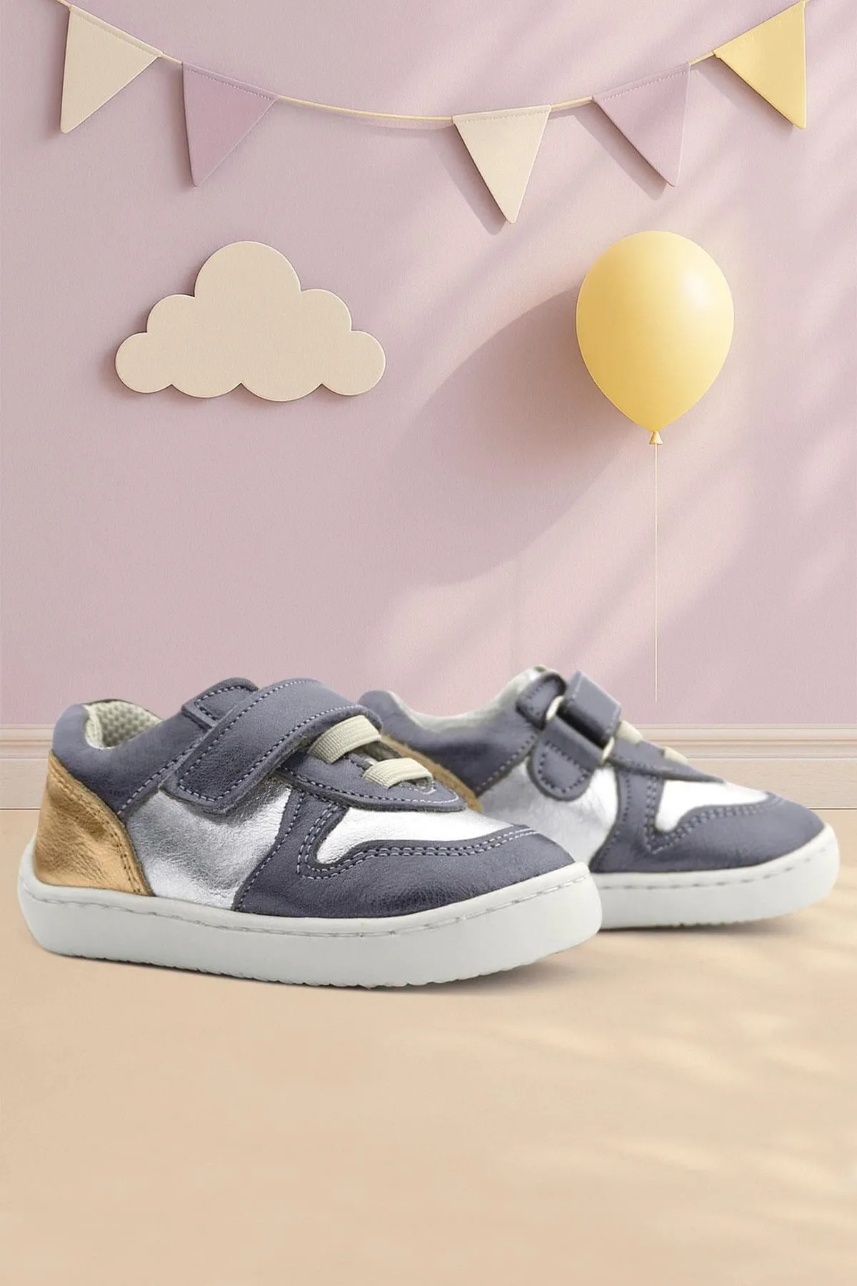 Bob Hakiki Deri Platin Gümüş Barefoot Cırtlı Lastikli Bebek Sneaker Ayakkabı