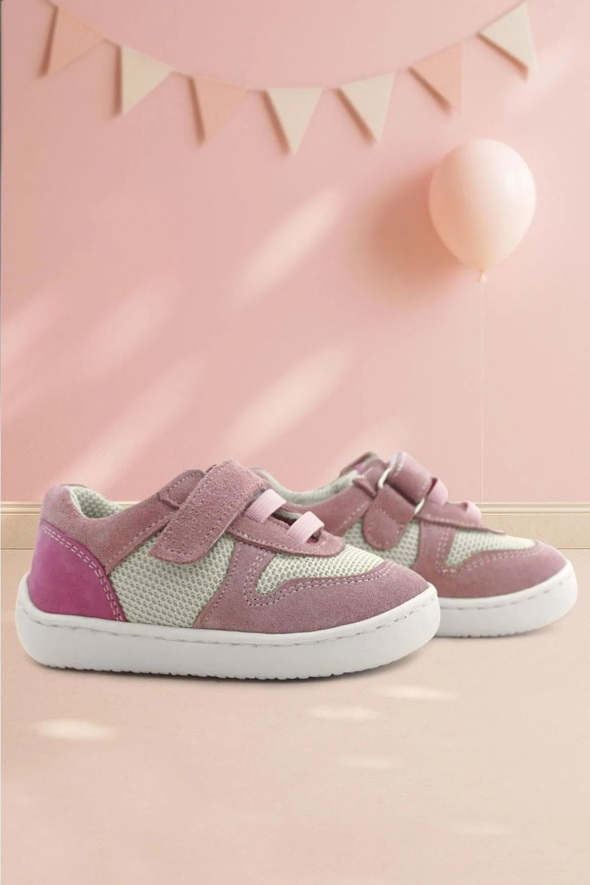 Bob Hakiki Deri Pudra Pembe Barefoot Cırtlı Lastikli Bebek Sneaker Ayakkabı