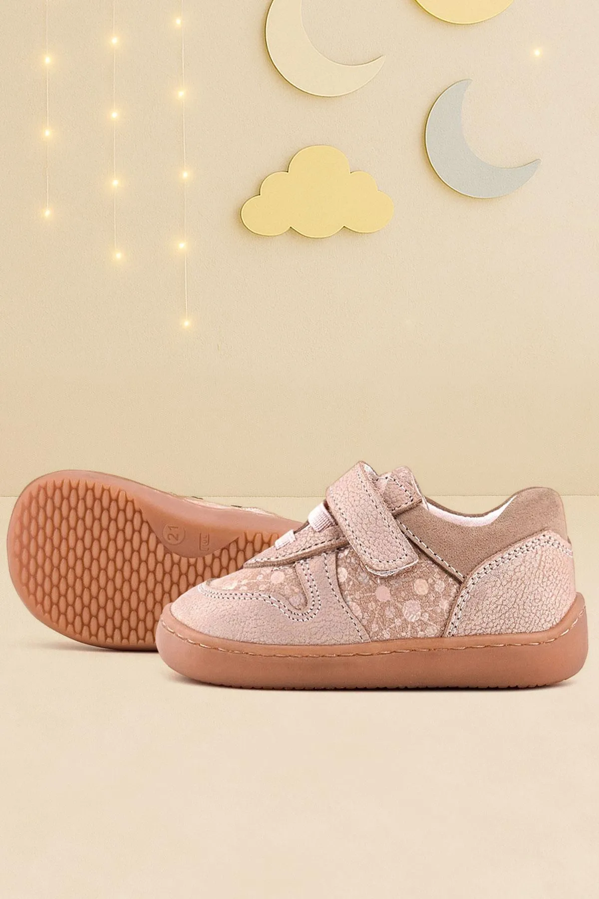 Bob Hakiki Deri Pudra Simli Barefoot Cırtlı Lastikli Bebek Sneaker Ayakkabı