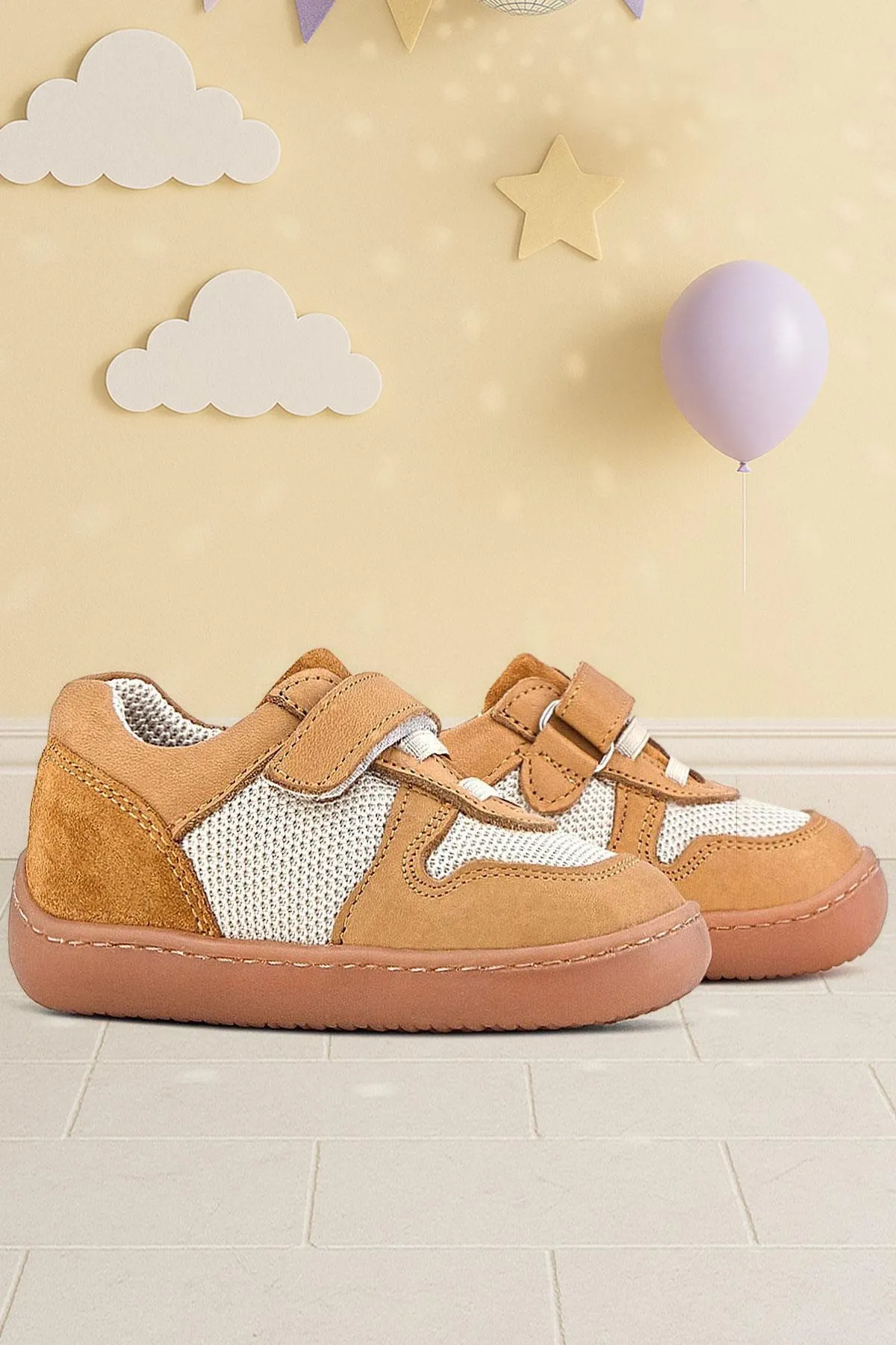 Bob Hakiki Deri Taba Krem Barefoot Cırtlı Lastikli Bebek Sneaker Ayakkabı