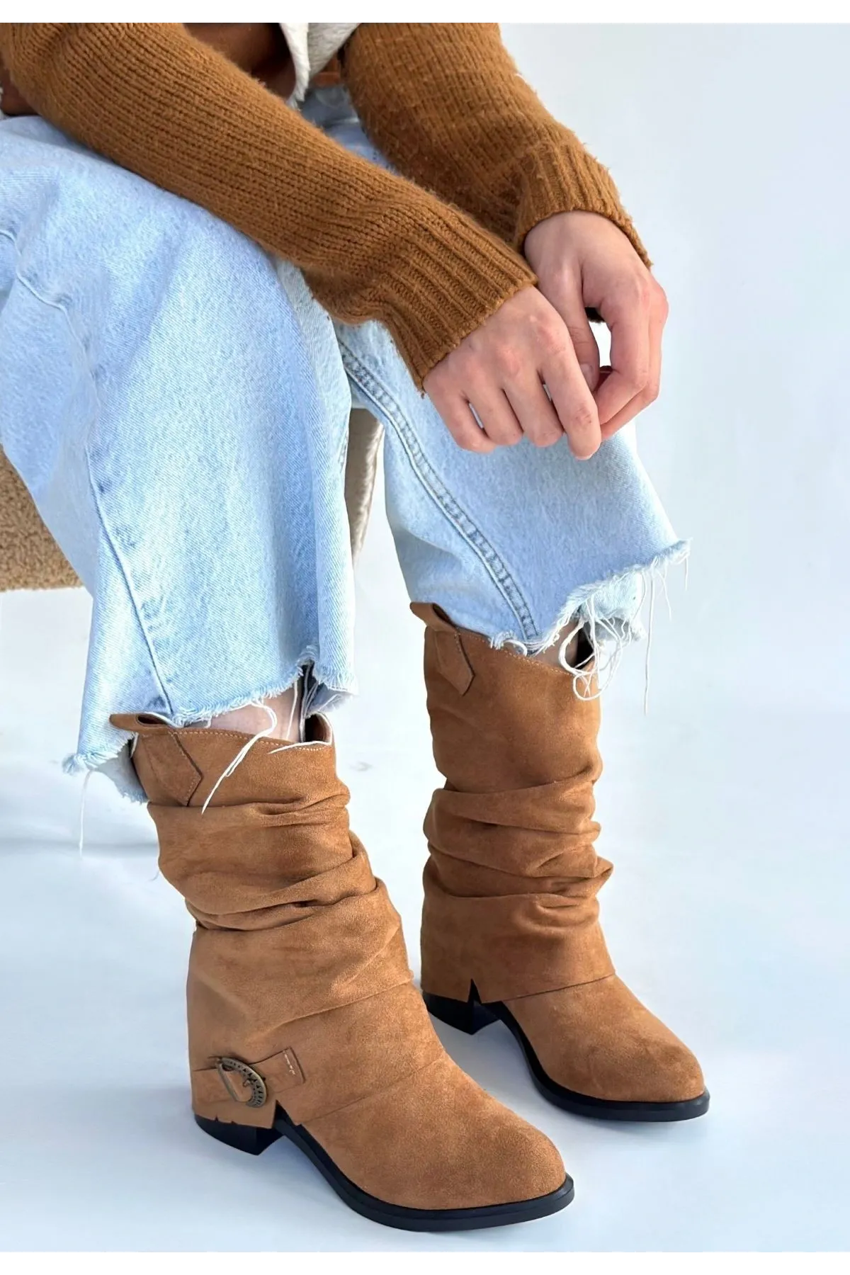 Canty Taba Süet Körüklü Topuklu Çizme