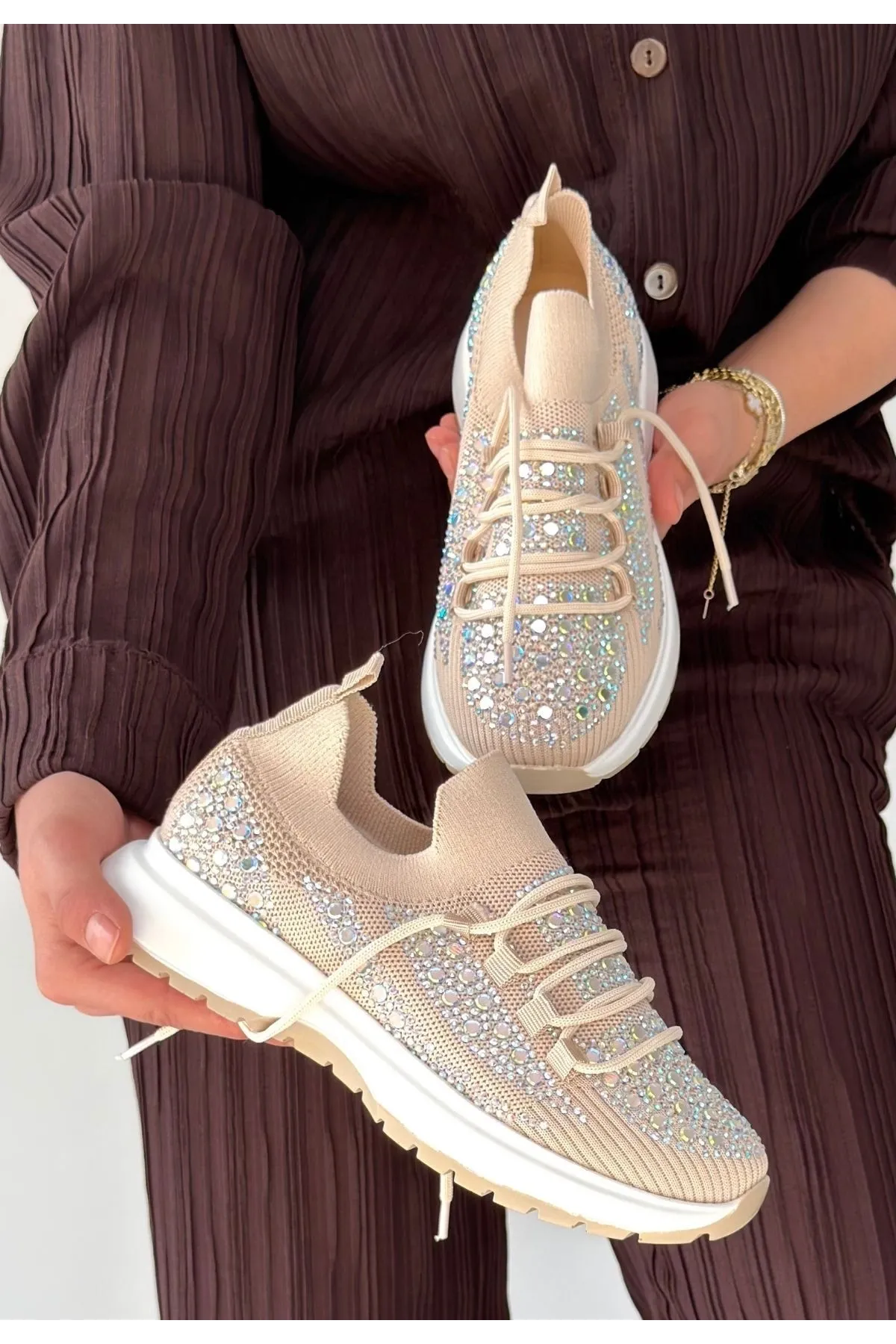 Ceas Bej Triko Bağcıklı Spor Ayakkabı