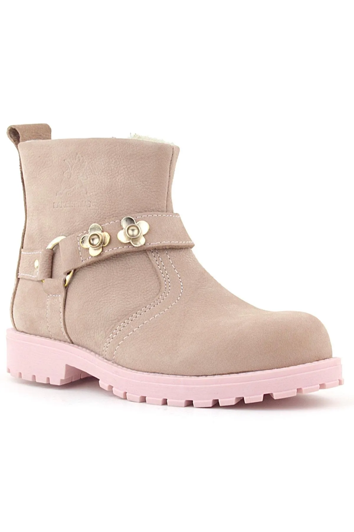 Chiron Hakiki Deri Pembe Fermuarlı Çiçekli Kız Çocuk Bot