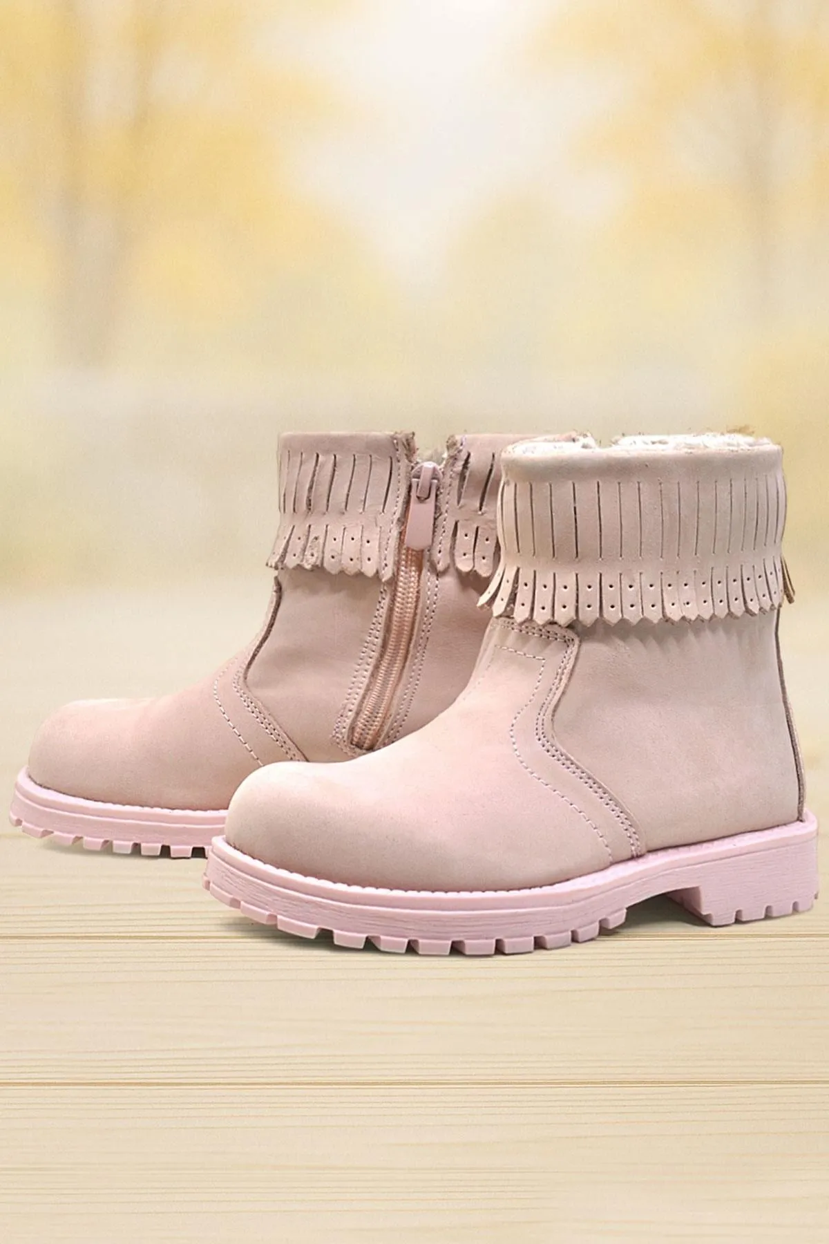 Chiron Hakiki Deri Pembe Fermuarlı Kız Çocuk Bot Çizme