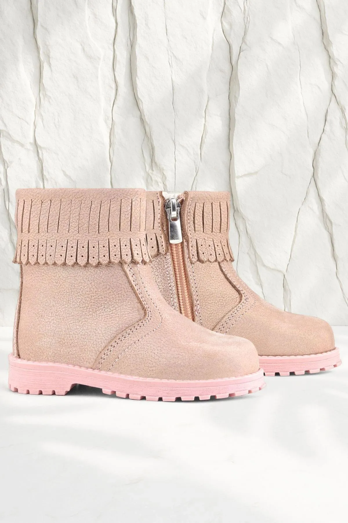 Chiron Hakiki Deri Pembe Simli Fermuarlı Kız Çocuk Bot Çizme