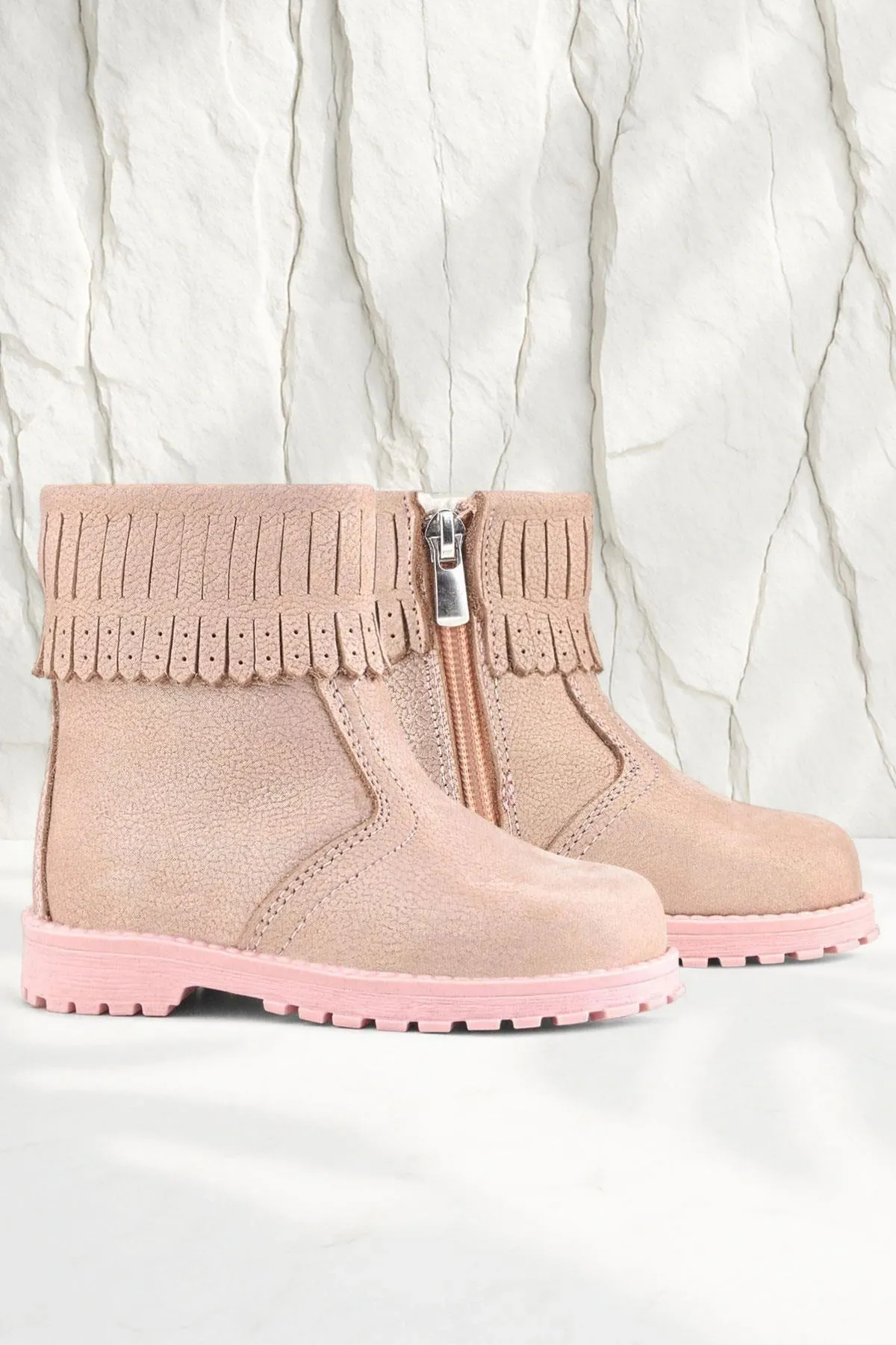 Chiron Hakiki Deri Pembe Simli Fermuarlı Kız Çocuk Bot Çizme