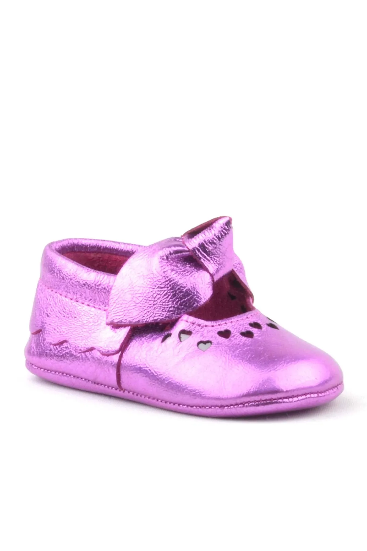 Coco Hakiki Deri Fuşya Fiyonklu Lastikli Bebek Patik