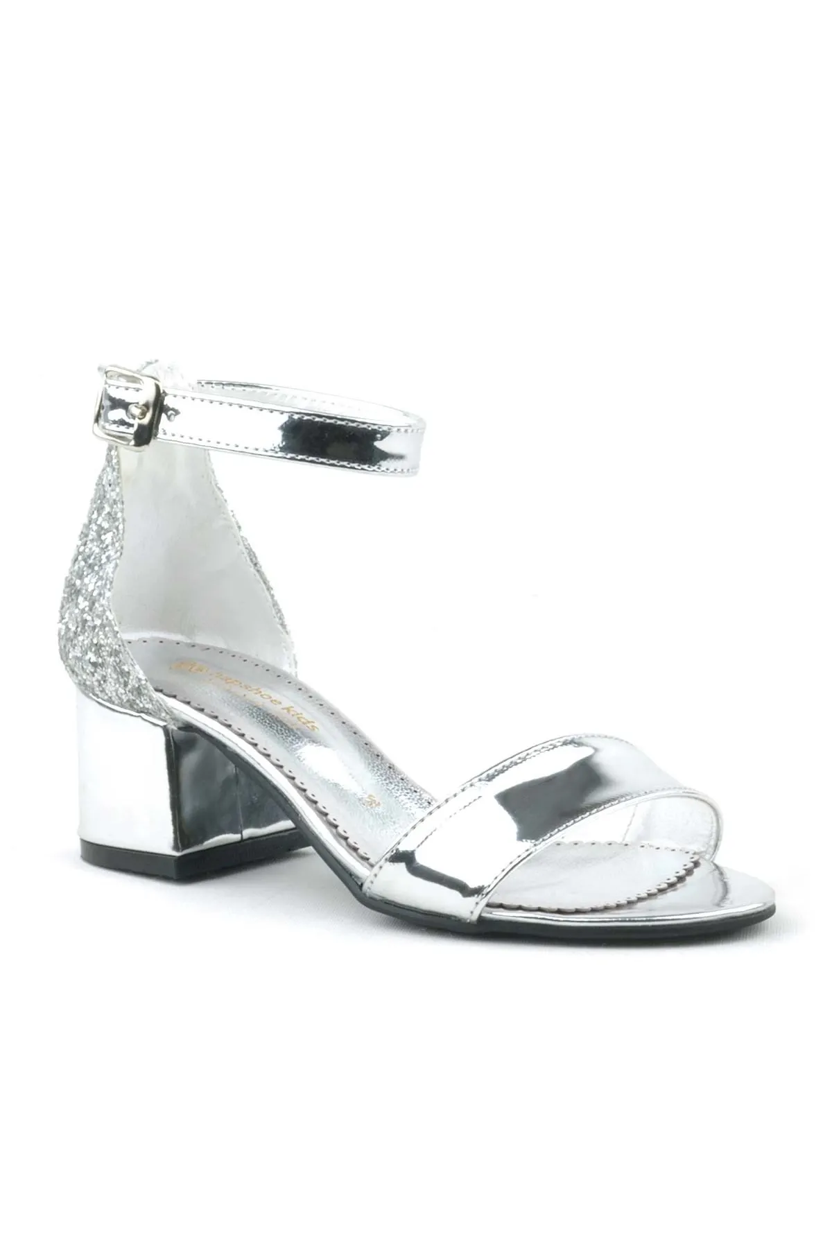 Elsa Gümüş Aynalı Simli Kalın Topuklu Kız Çocuk Abiye Ayakkabı