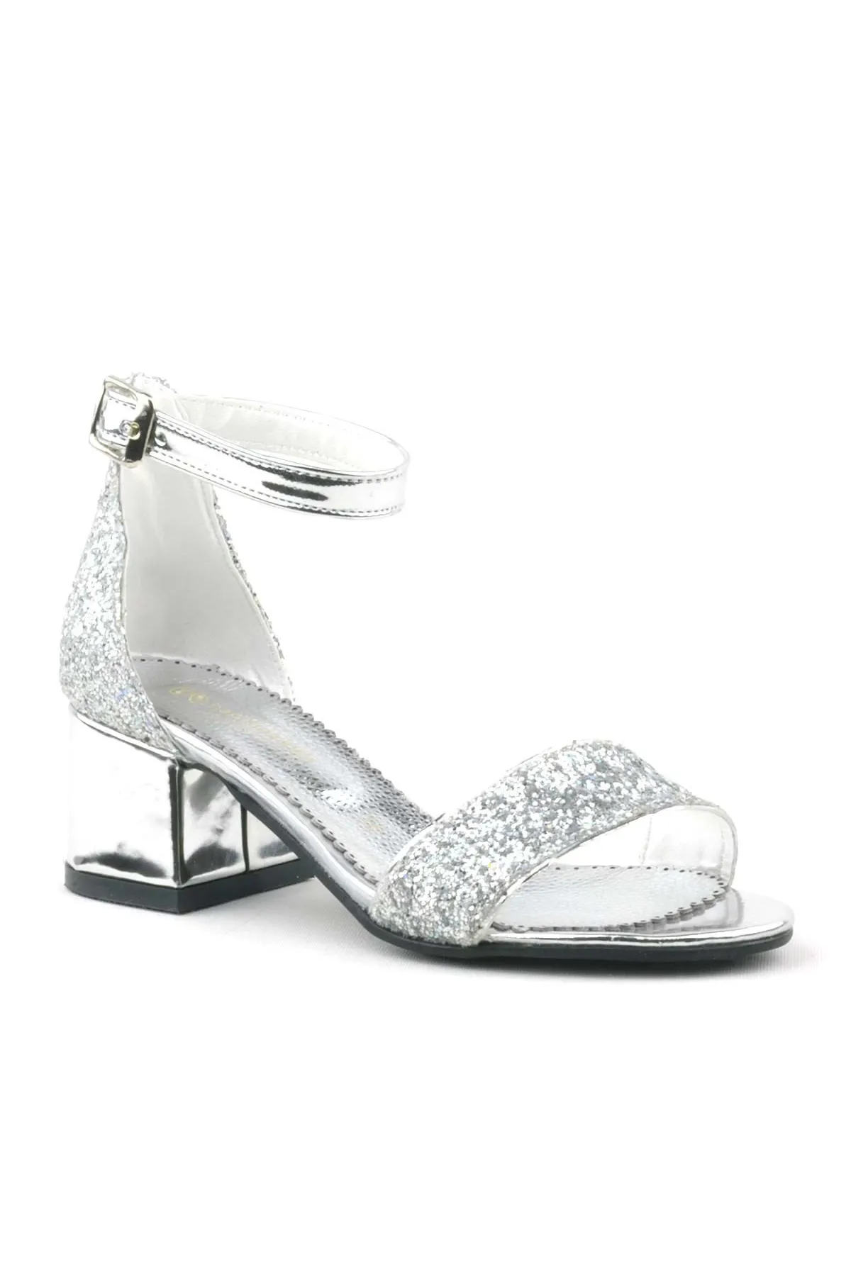 Elsa Gümüş Simli Kalın Topuklu Tek Bant Kız Çocuk Abiye Ayakkabı