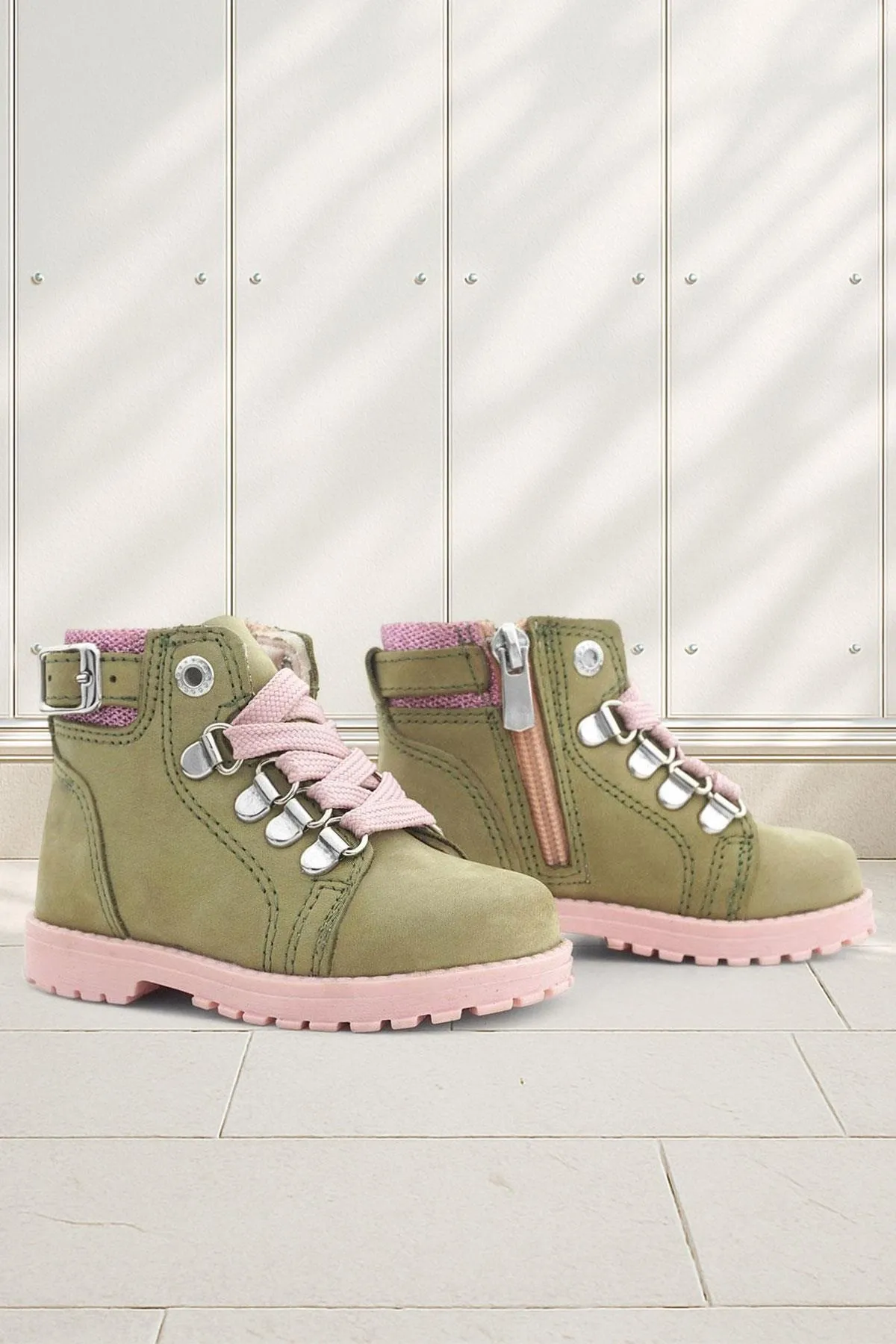 Griffon Hakiki Deri Yeşil Simli Fermuarlı Kışlık Kız Bebek Bot