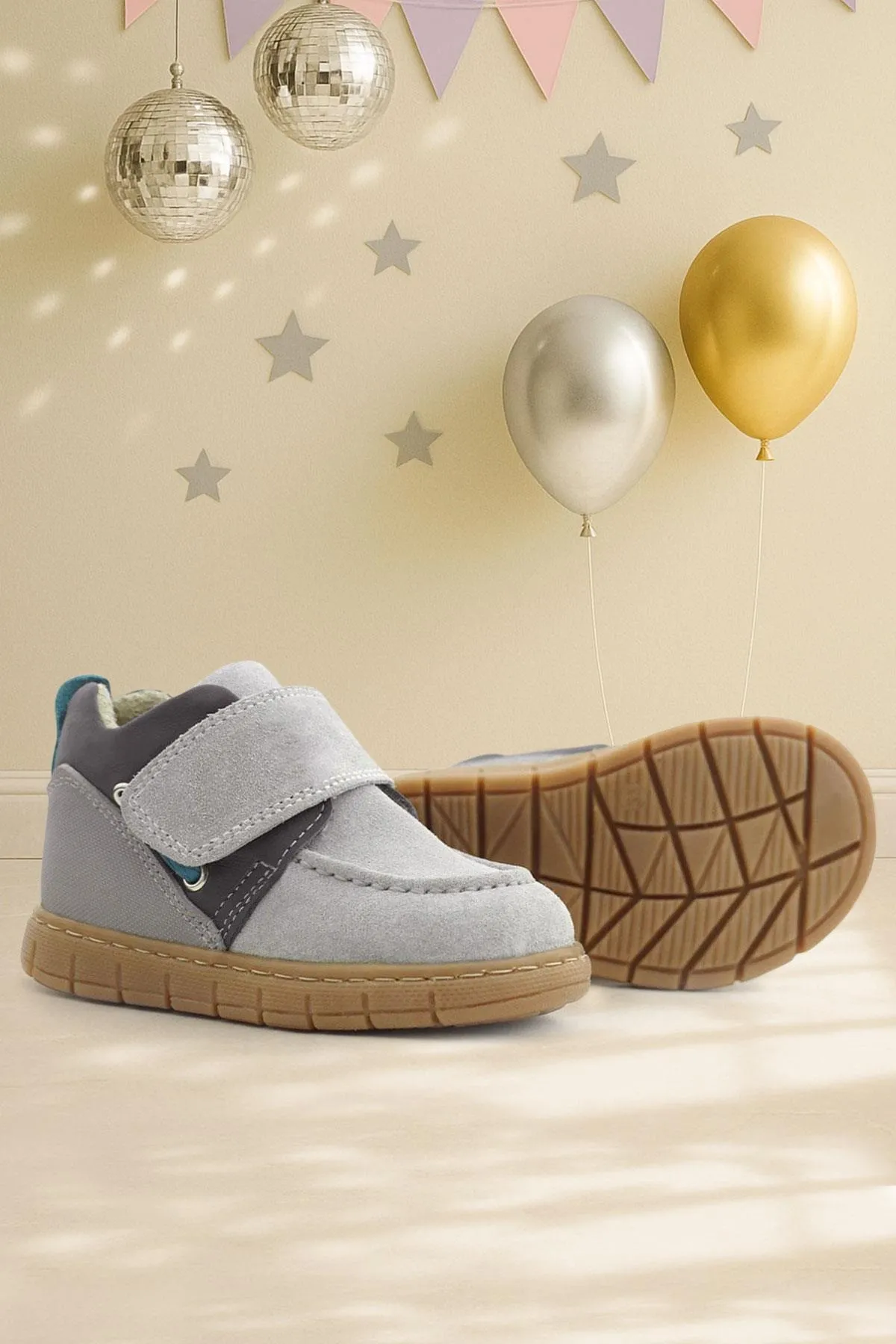 Hakiki Deri Açık Gri Mavi Cırt Cırtlı Bebek Bot