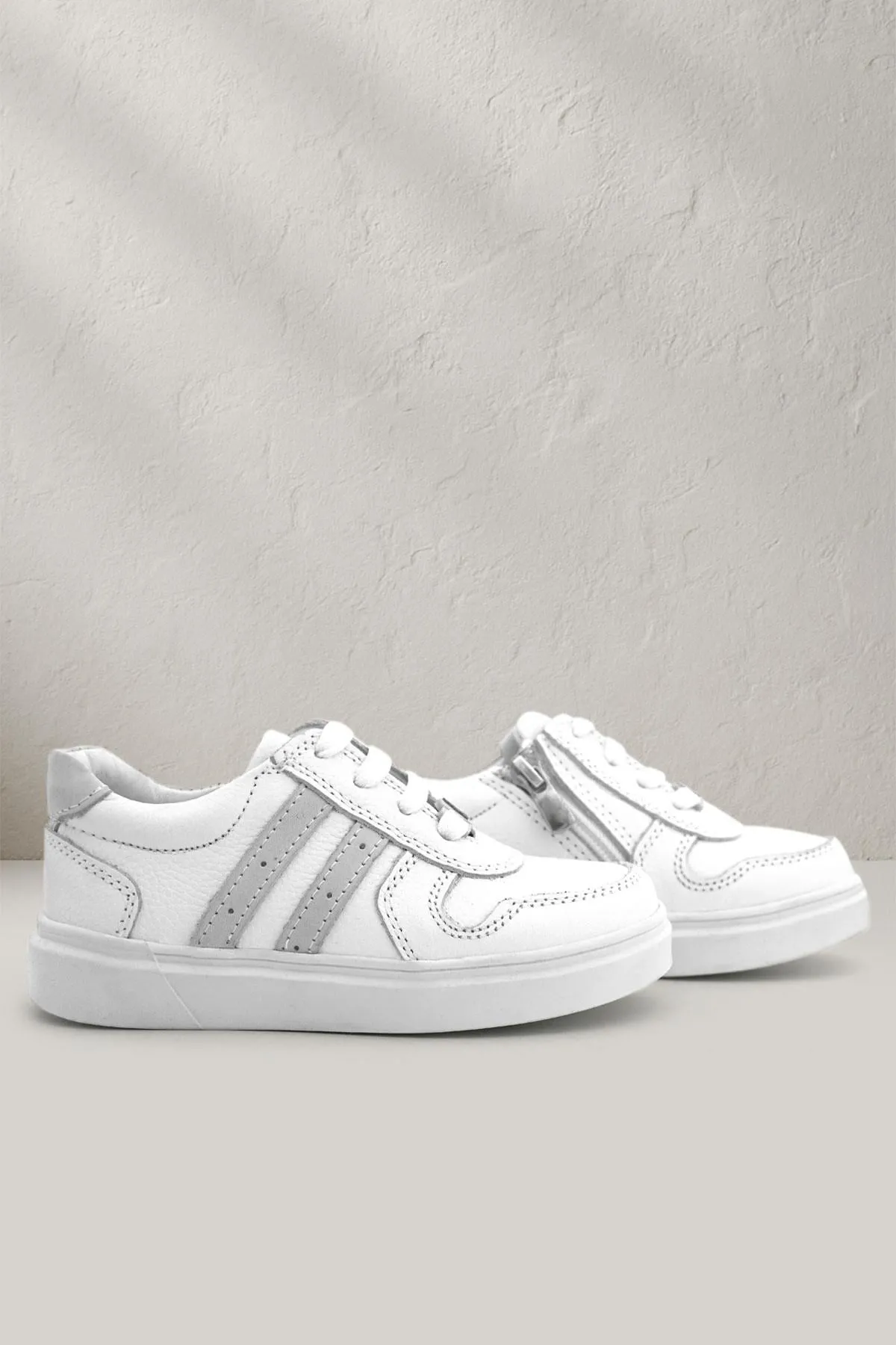Hakiki Deri Beyaz Bağcıklı Fermuarlı Çocuk Sneaker Ayakkabı
