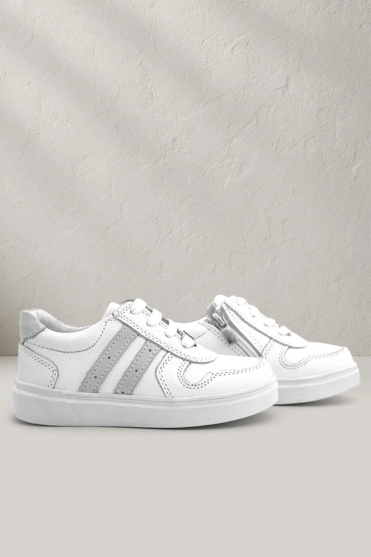 Hakiki Deri Beyaz Bağcıklı Fermuarlı Çocuk Sneaker Ayakkabı