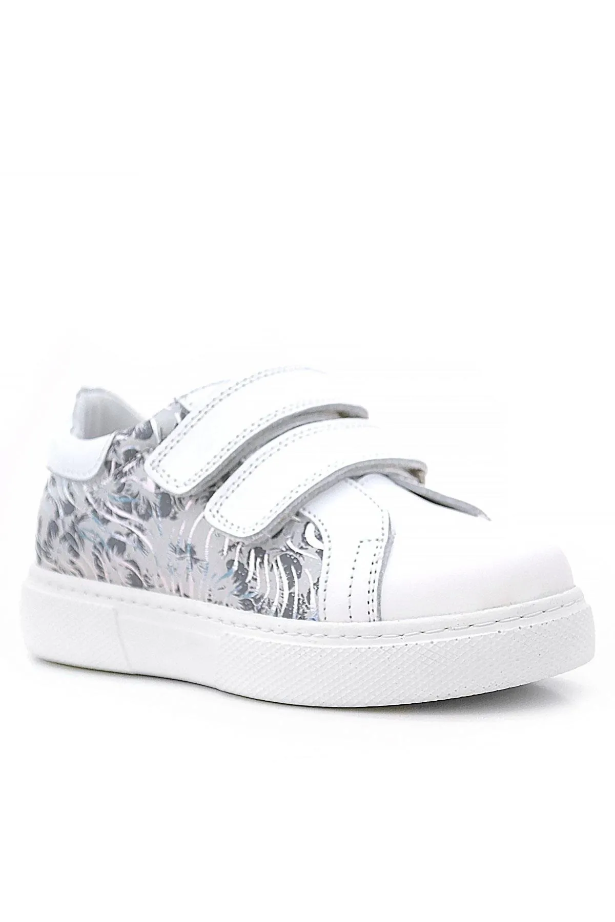 Hakiki Deri Beyaz Cırt Cırtlı Gri Desenli Kız Çocuk Spor Ayakkabı